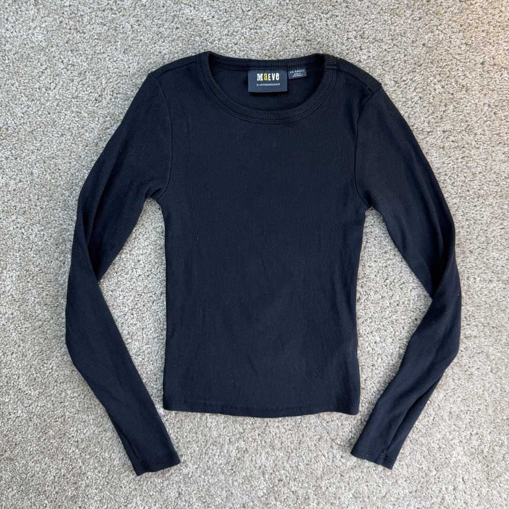 Maeve Shirt Womens 2XS Black Ribbed Crew Neck Long Sleeve Basic Stretch Top